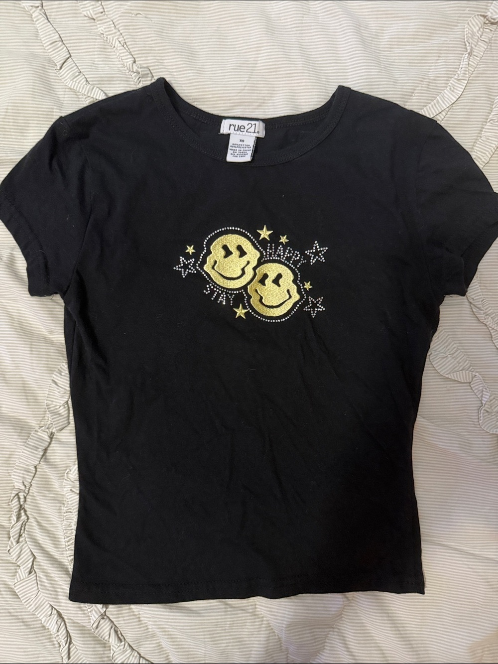 rue21 Black Short-Sleeve Tee with Yellow Smiley Graphics